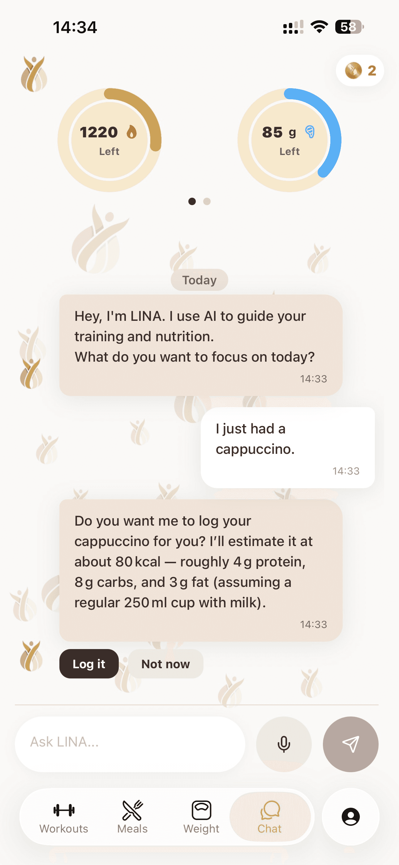 Actionable AI chat in LINA that logs meals and weight