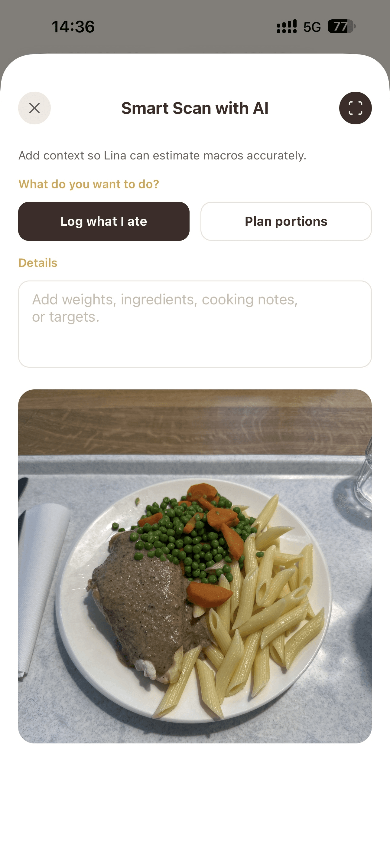 LINA walks you through capturing a meal with prompts that make logging effortless.