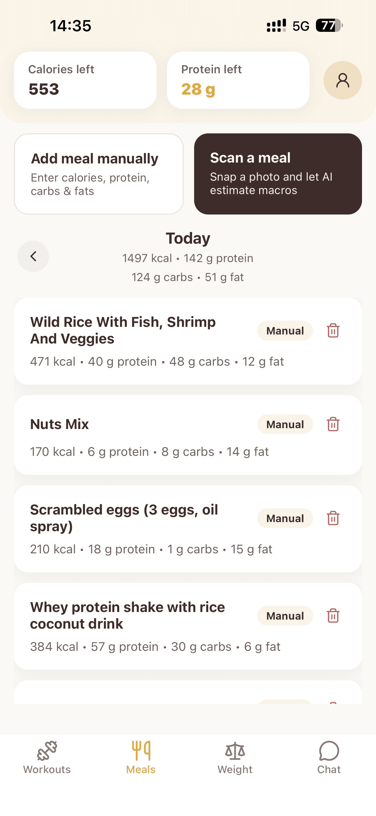 Meals list with the live targets widget highlighted.